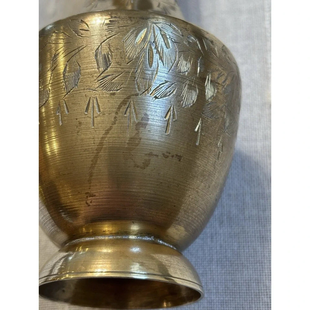 Vintage Brass Bud Vase MCM with Light Abstract Leaves Etching 9.25